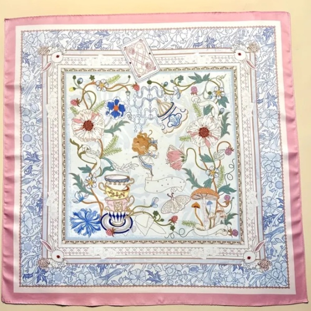 Chic Floral Silk Scarf with Pink Trim